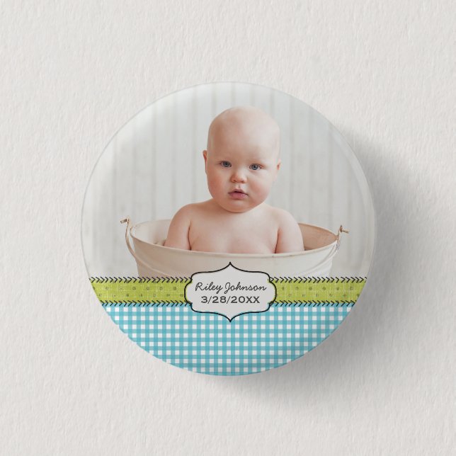 Custom baby boy photo name and birthday keepsake pinback button (Front)