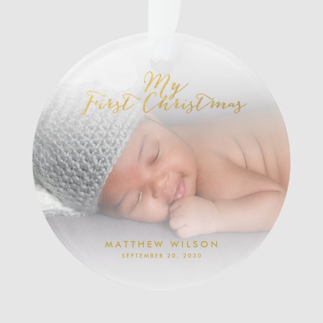 Custom Baby Boyl Gold Script First Christmas Photo Ornament (Front)