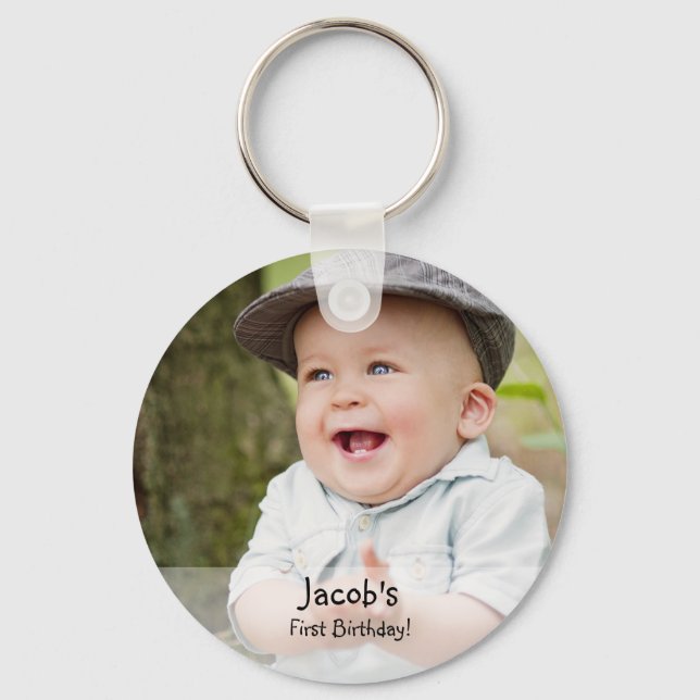 Custom Baby boy's first birthday photo name favor Keychain (Front)