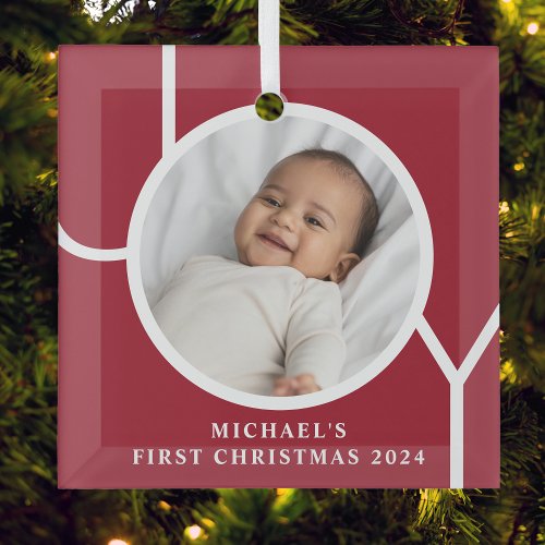 Custom Baby Boys First Christmas Photo Glass Ornament