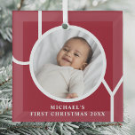 Custom Baby Boy's First Christmas Photo Glass Ornament<br><div class="desc">This stylish Baby Boy's First Christmas Photo Ornament is decorated with the word JOY on a maroon red background.
Easily customizable with your photo,  name,  and year.</div>