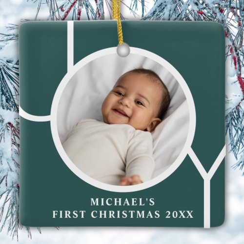 Custom Baby Boy's First Christmas Photo Green Ceramic Ornament