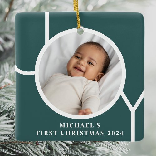 Custom Baby Boys First Christmas Photo Green Ceramic Ornament