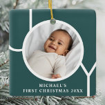 Custom Baby Boy's First Christmas Photo Green Ceramic Ornament<br><div class="desc">This stylish Baby Boy's First Christmas Photo Ornament is decorated with the word JOY on a dark green background.
Easily customizable with your photo,  name,  and year.</div>