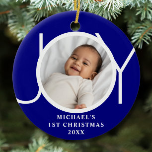 Custom Baby Boy's First Christmas Photo Joy Blue Ceramic Ornament