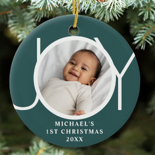 Custom Baby Boy's First Christmas Photo Joy Green Ceramic Ornament