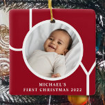 Custom Baby Boy's First Christmas Photo Red Ceramic Ornament<br><div class="desc">This stylish Baby Boy's First Christmas Photo Ornament is decorated with the word JOY on a maroon red background.
Easily customizable with your photo,  name,  and year.</div>