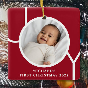 Custom Baby Boy's First Christmas Photo Red Ceramic Ornament by SewMosaic at Zazzle