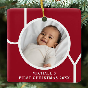 Custom Baby Boy's First Christmas Photo Red Ceramic Ornament