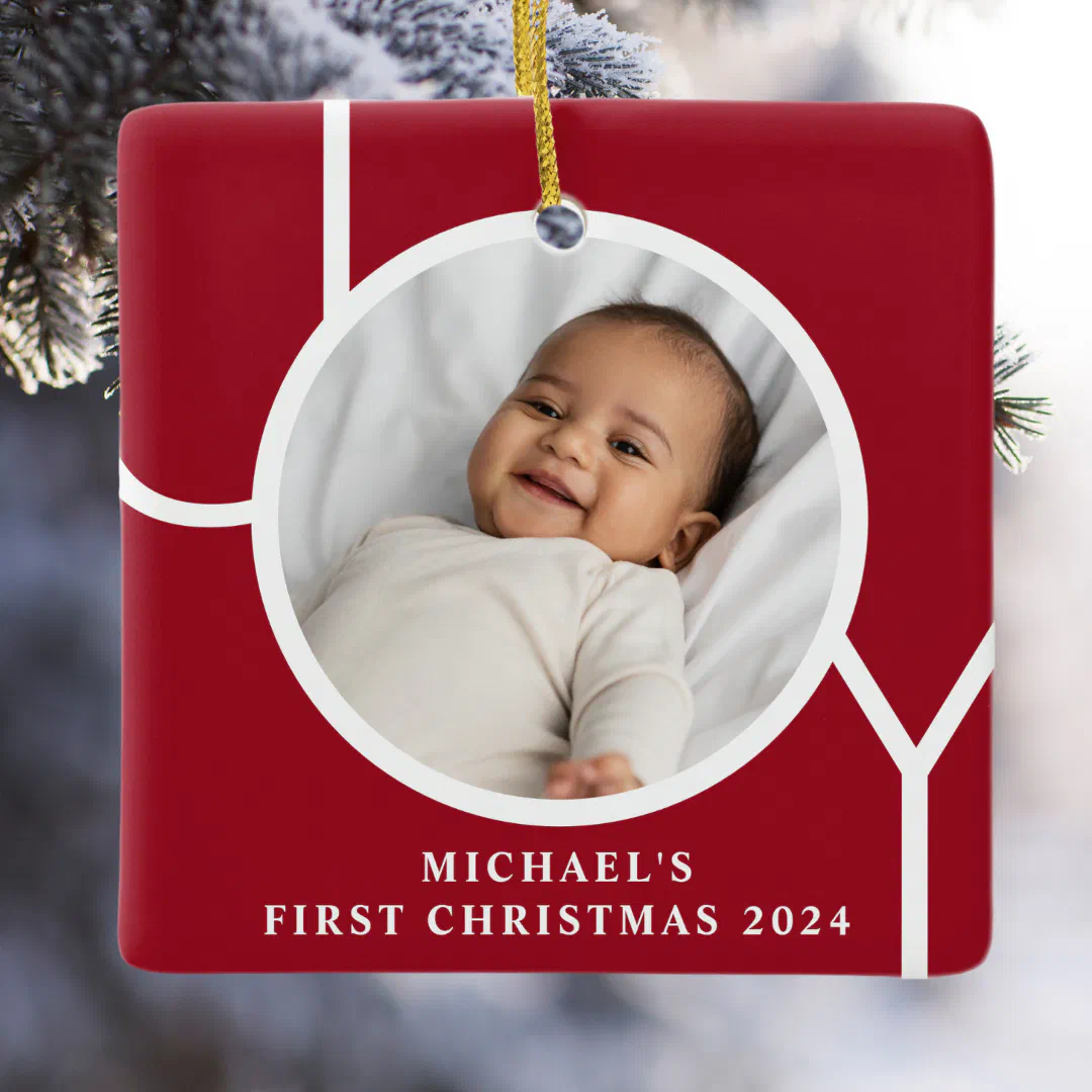 Custom Baby Boy's First Christmas Photo Red Ceramic Ornament (Creator Uploaded)