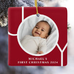 Custom Baby Boy's First Christmas Photo Red Ceramic Ornament<br><div class="desc">This stylish Baby Boy's First Christmas Photo Ornament is decorated with the word JOY on a maroon red background.
Easily customizable with your photo,  name,  and year.</div>