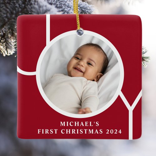 Custom Baby Boys First Christmas Photo Red Ceramic Ornament