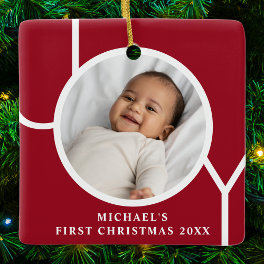 Custom Baby Boy's First Christmas Photo Red Ceramic Ornament