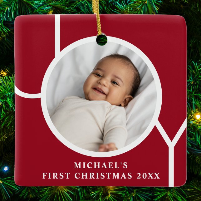 Custom Baby Boy's First Christmas Photo Red Ceramic Ornament (Creator Uploaded)
