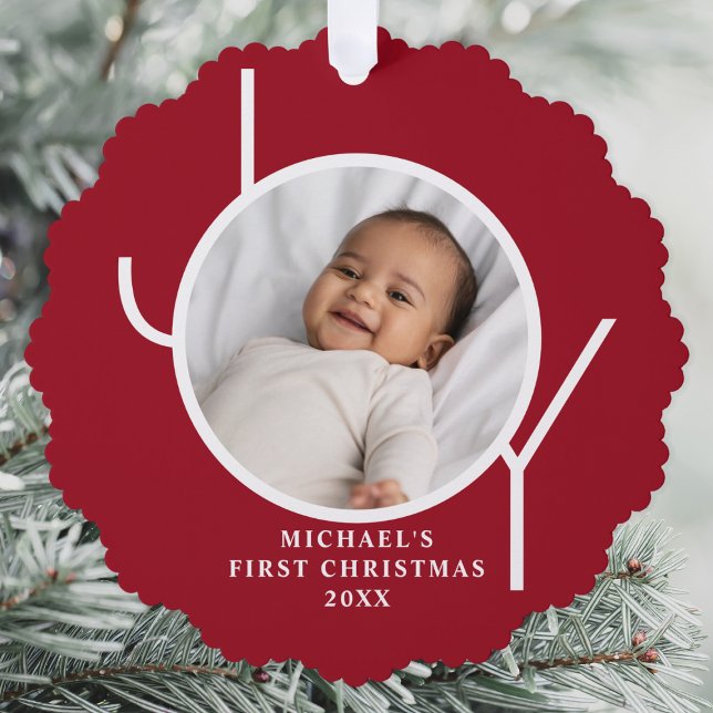 Custom Baby Boy's First Christmas Photo Red Ornament Card (Creator Uploaded)