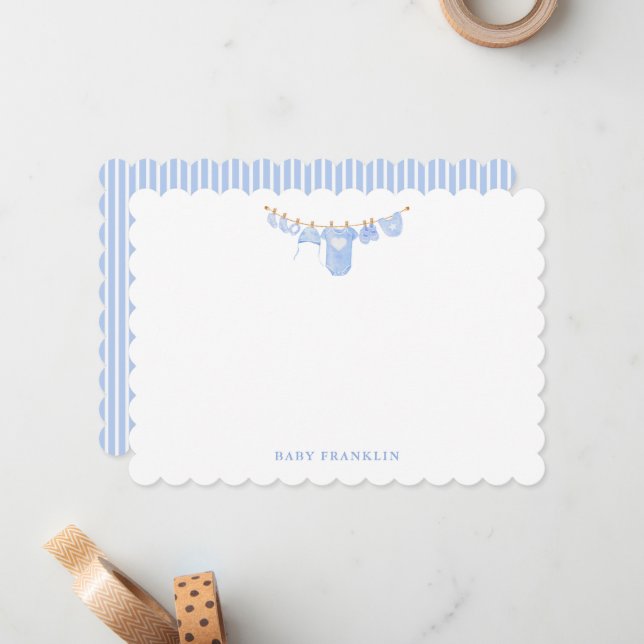 Custom Baby Clothesline Stationery Baby Shower  Note Card (Front/Back In Situ)