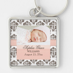 Custom Baby Damask Photo Keychain Pink and Brown