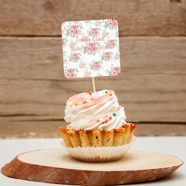 Custom Baby Dedication Sage Green & Pink Floral  Square Sticker (Creator Uploaded)