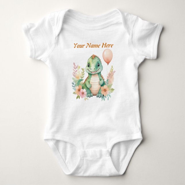 Custom Baby Dinosaur balloon with your child name Baby Bodysuit (Front)
