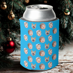 Custom Baby Face, Custom Family 3 Photos Blue Can Cooler