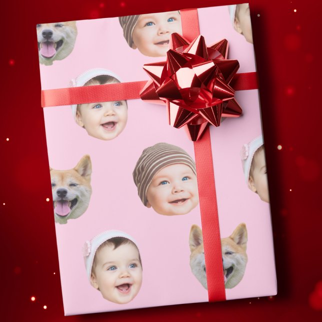 Custom Baby Face, Custom Family 3 Photos Pink Wrapping Paper (Creator Uploaded)