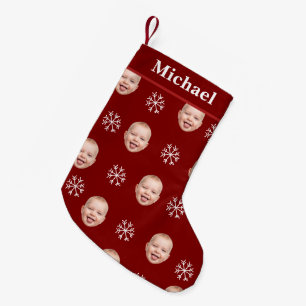 Custom Baby Face & Name Red Snowflake Small Christmas Stocking