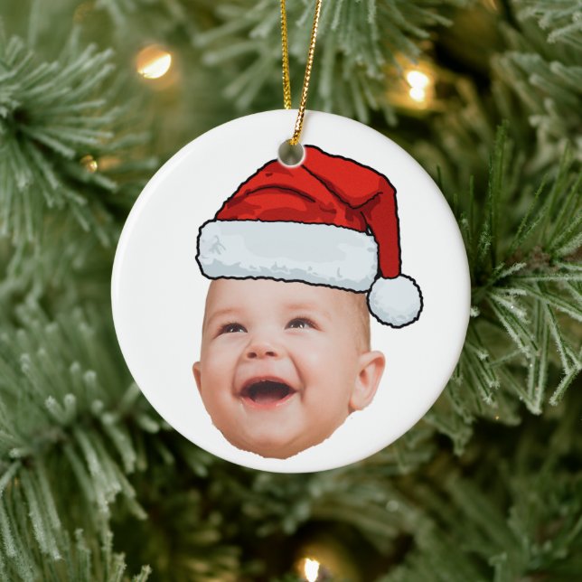 Custom Baby Face Photo Santa Hat Christmas Ceramic Ornament (Tree)