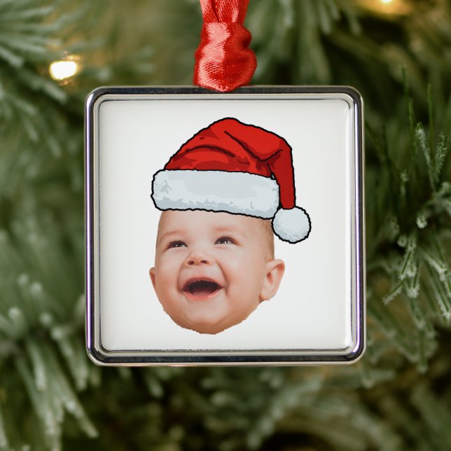 Custom Baby Face Photo Santa Hat Christmas Metal Ornament (Tree)