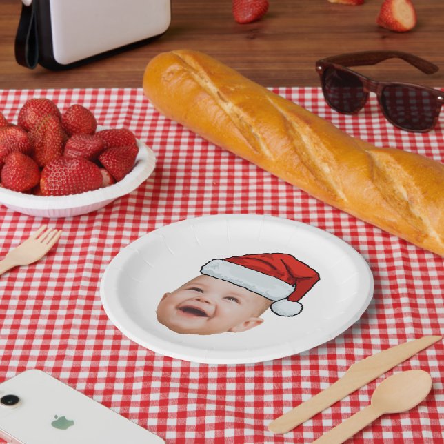 Custom Baby Face Photo Santa Hat Christmas Paper Plates (Picnic)