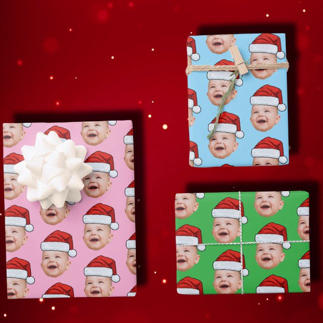 Custom Baby Face Photo Santa Hat Christmas Pink Wrapping Paper Sheets (Creator Uploaded)