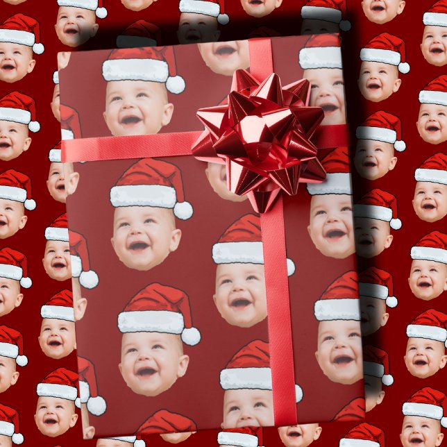 Custom Baby Face Photo Santa Hat Christmas Wrapping Paper (Creator Uploaded)