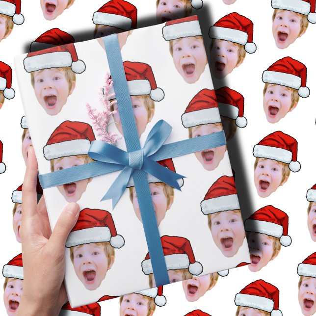 Custom Baby Face Photo Santa Hat Christmas Wrapping Paper (Creator Uploaded)