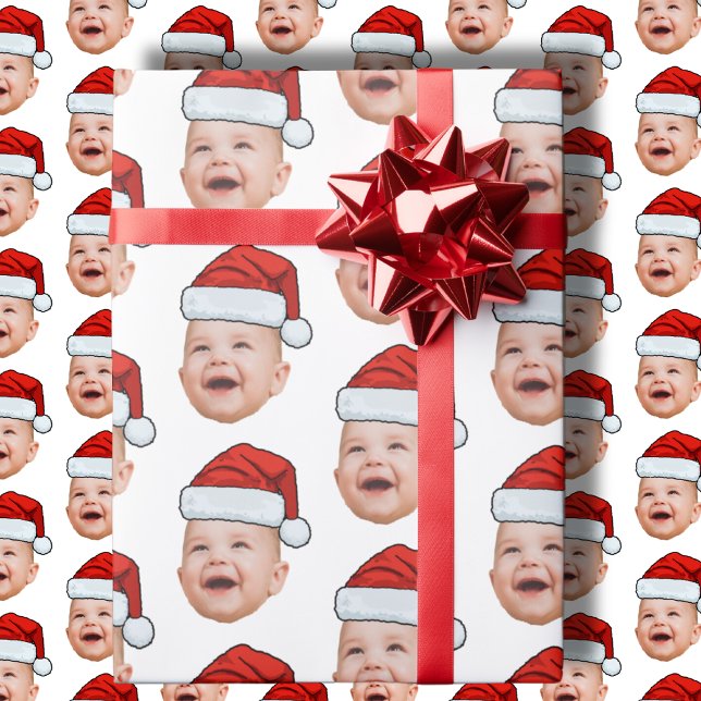 Custom Baby Face Photo Santa Hat Christmas Wrapping Paper (Creator Uploaded)