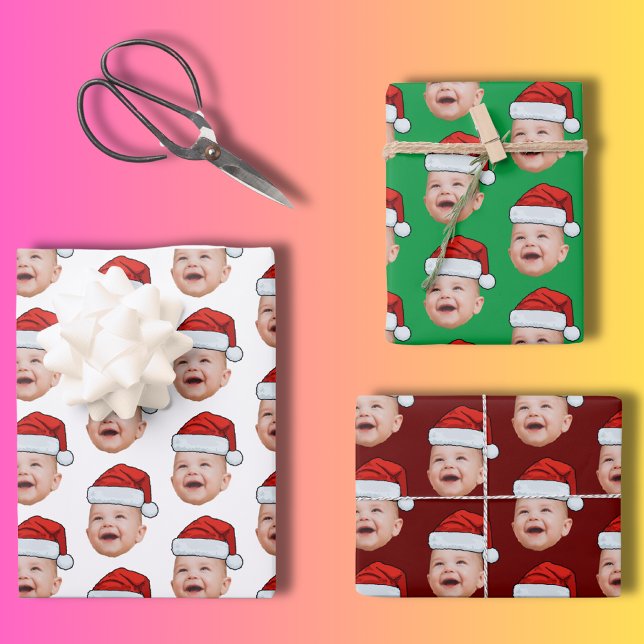 Custom Baby Face Photo Santa Hat Christmas Wrapping Paper Sheets (Creator Uploaded)