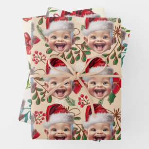 Custom Baby Face Santa Hat Christmas Photo Wrapping Paper Sheets