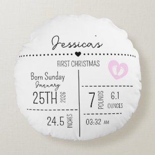 Custom Baby Girl Birth Stats Photo Keepsake Round Pillow