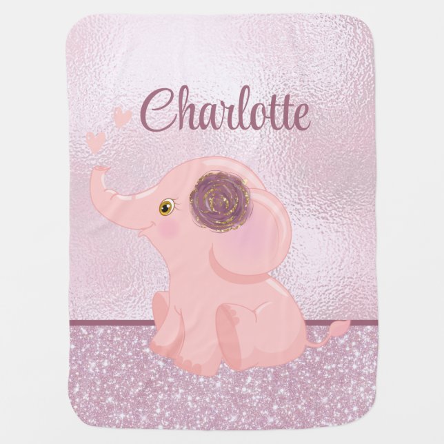 Custom Baby Girl Elephant Cute Rose Gold Glitter Baby Blanket (Front)