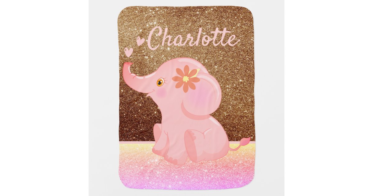 Custom Baby Girl Elephant Cute Rose Gold Glitter Baby Blanket