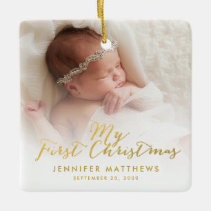 Custom Baby Girl Gold Script First Christmas Photo Ceramic Ornament