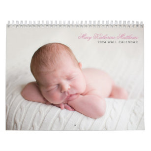 Custom Baby Girl Newborn Photo Chic Pink 2024 Wall Calendar