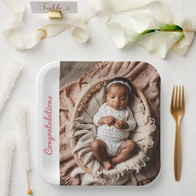 Custom Baby Girl Paper Plate – Pink Newborn Photo  (Wedding)