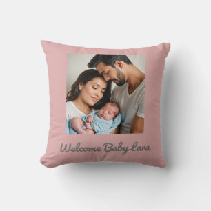 Custom Baby Girl Throw Pillow – Pink Photo & Name 