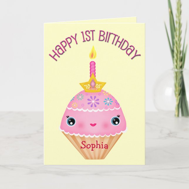 Custom Baby Girl's First Birthday Cupcake Card (Front)