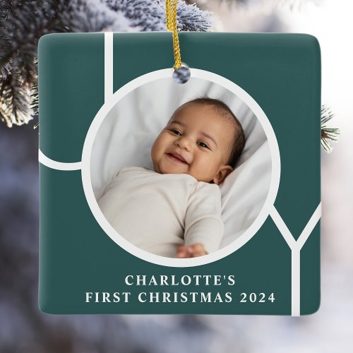 Custom Baby Girls First Christmas Photo Green Ceramic Ornament