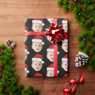 Custom Baby Head Face Photo Santa Hat Xmas Black Wrapping Paper