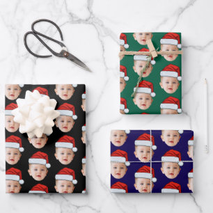 Custom Baby Head Face Photo Santa Hat Xmas Black Wrapping Paper Sheets