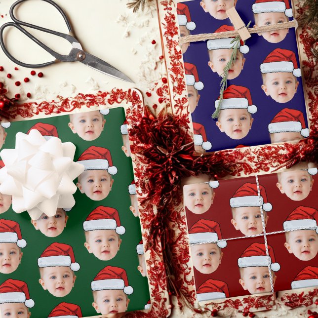 Custom Baby Head Face Photo Santa Hat Xmas Wrapping Paper Sheets (Creator Uploaded)