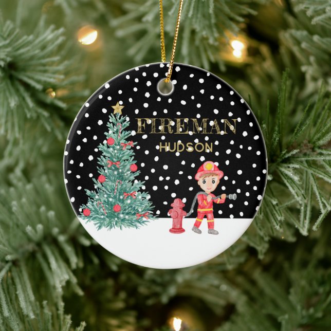 Custom Baby Keepsake Fireman Christmas Tree Ceramic Ornament (Tree)
