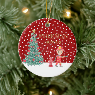 Custom Baby Keepsake Fireman Christmas Tree Ceramic Ornament