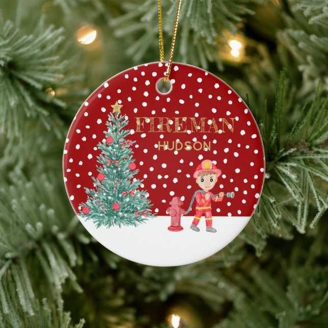 Custom Baby Keepsake Fireman Christmas Tree Ceramic Ornament (Tree)